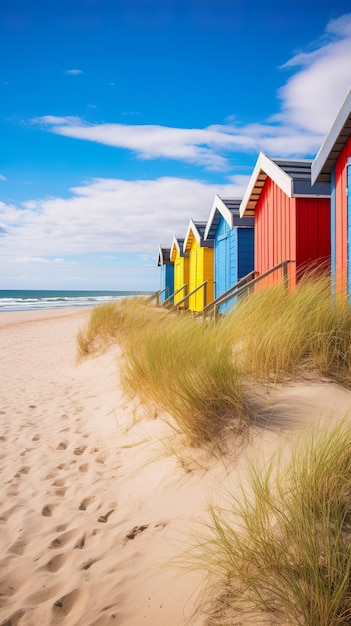 Photo colorful beach huts lined up against a backdrop of dunes