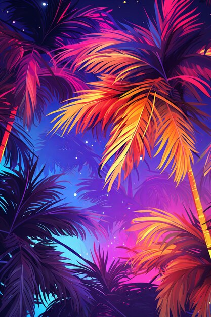 Foto illustrazione sullo sfondo di una festa in spiaggia colorata palme al neon contro il design del festival rave del cielo notturno