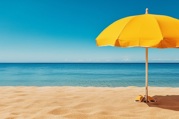 Foto una scena colorata sulla spiaggia per un giorno d'estate con un grande ombrello e pantofole su uno sfondo giallo