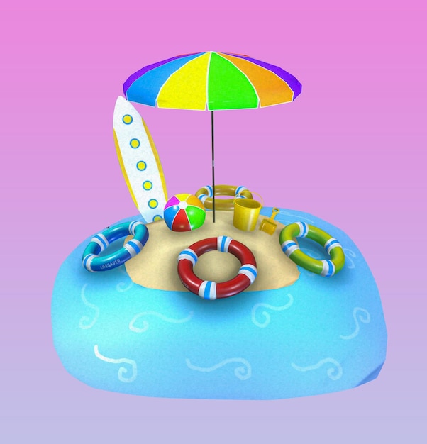 A colorful beach scene with a lifeguard and a lifeguard umbrella