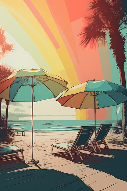 A colorful beach scene with a rainbow and a beach umbrella.