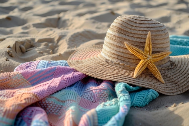 Colorful Beach towel straw hat Generate Ai