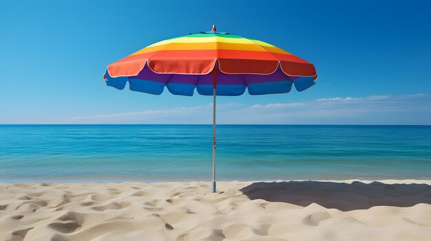 Foto un ombrello da spiaggia colorato che getta ombra su una riva sabbiosa