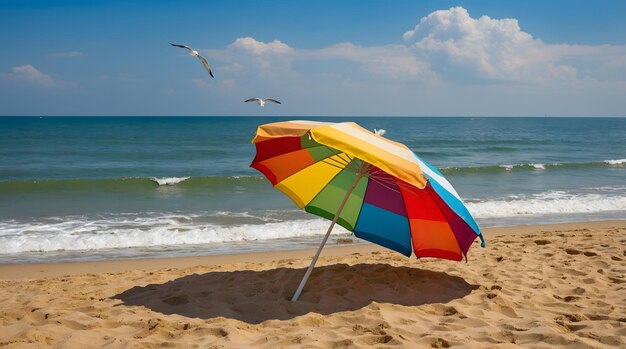 Foto un ombrello da spiaggia colorato è aperto a destra dell'immagine