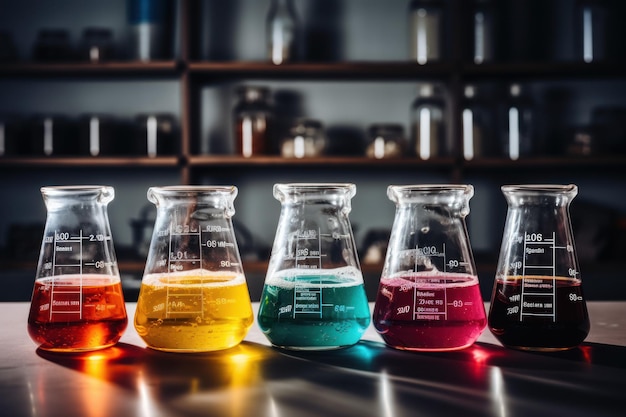 Photo colorful beakers chemicals liquid lab hand generate ai