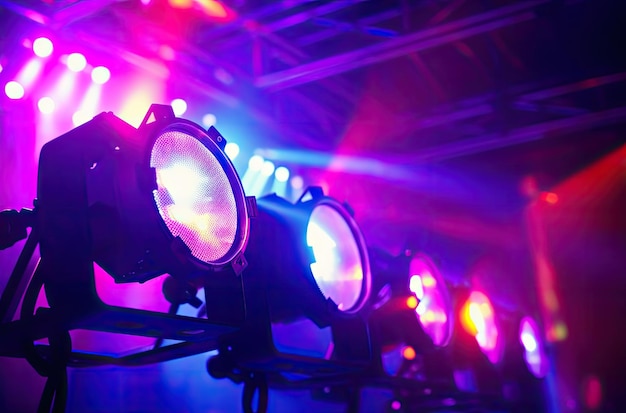 Foto fasci colorati di luce laser luminosa che illuminano il luogo della musica durante la performance