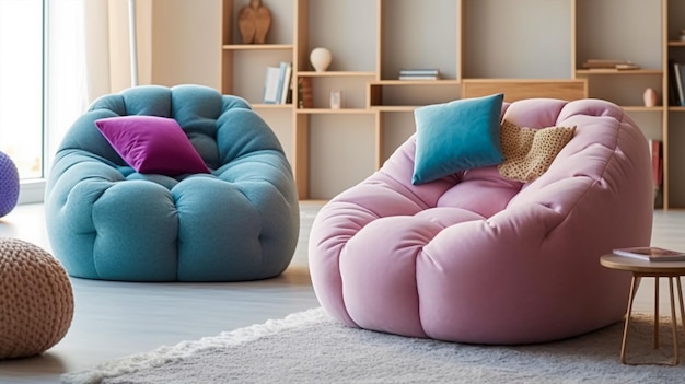 A colorful bean bag chair sits in a living room next to a shelf.