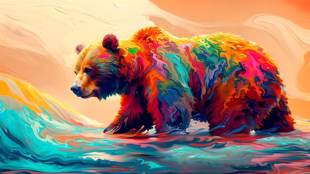 Photo colorful bear that walks on water