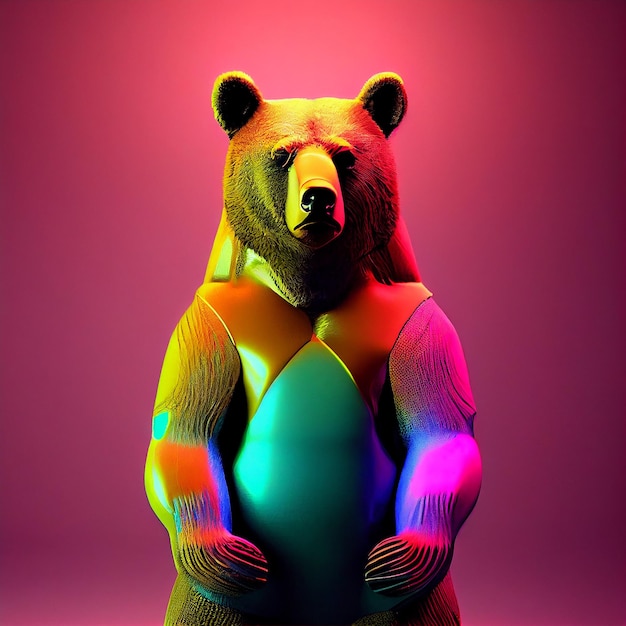 A colorful bear with a pink background behind it