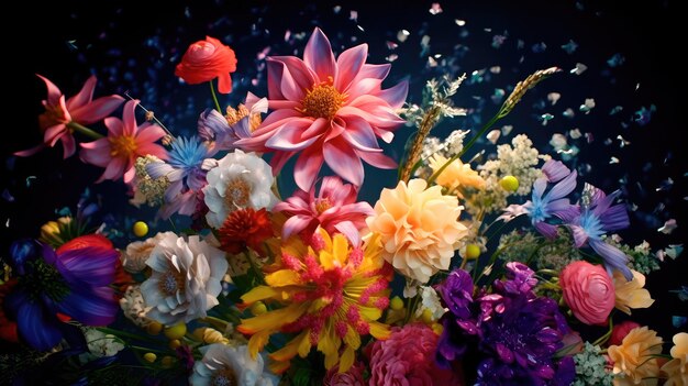 Colorful beautiful bright bouquet of flowers on a black background Generative AI