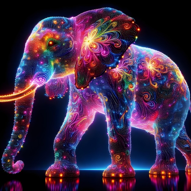 Foto una bellissima silhouette colorata di elefante fatta di milioni di corde di neon ultra luminose