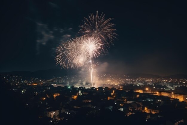 Colorful beautiful fireworks over city at night generated by AI