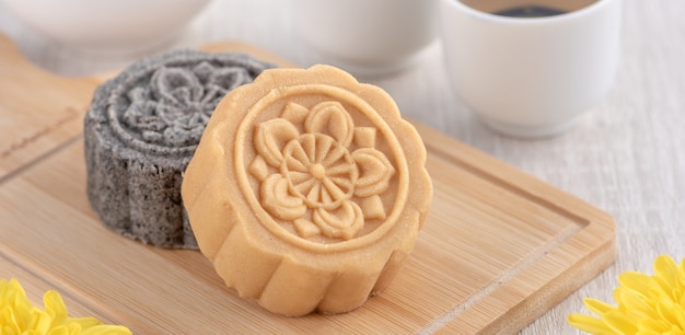 Colorful beautiful moon cake, mung bean cake, Champion Scholar Pastry cake for Mid-Autumn festival traditional gourmet dessert snack, close up.