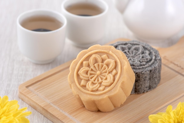 Colorful beautiful moon cake mung bean cake Champion Scholar Pastry cake for MidAutumn festival traditional gourmet dessert snack close up