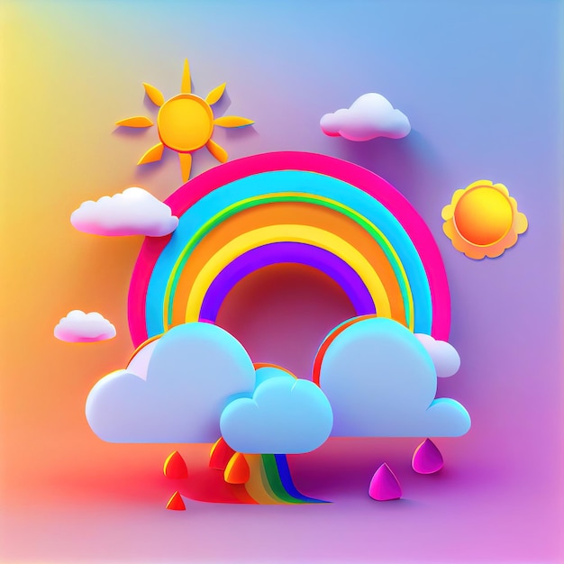 Colorful and beautiful picture for a child's room Rainbow sun and clouds with rain