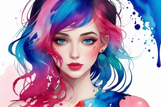 Colorful beautiful woman watercolor art with ink flow beautiful color splash paint background