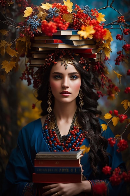 Colorful beautiful woman with a stack of books on her head