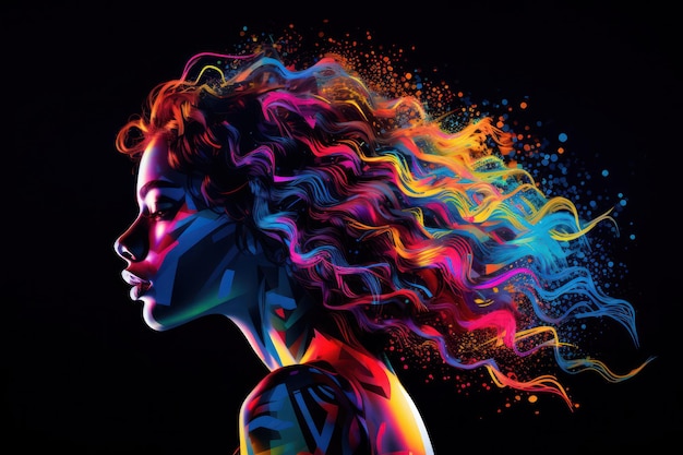 Colorful Beauty A Young Womans Abstract Portrait of Fantasy and Imagination With Vibrant Brushstrokes on a Dark Background