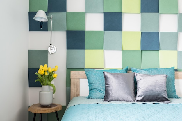 Colorful bedroom interior with tulips