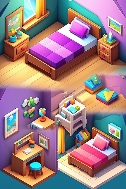 Photo a colorful bedroom with a bed, a dresser, and a bed with a shelf with the drawers.