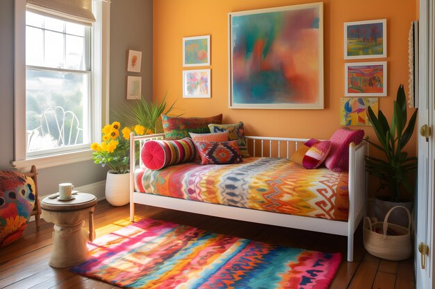 Photo a colorful bedroom with a bed and a window with a sunflower on the wall.