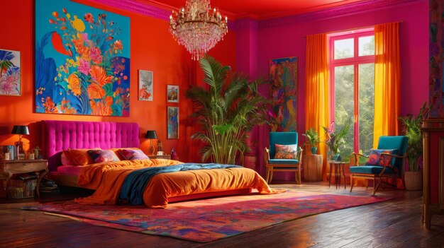 Photo colorful bedroom with chandelier