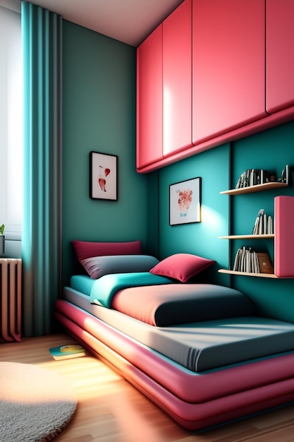 A colorful bedroom with a pink and blue color scheme.