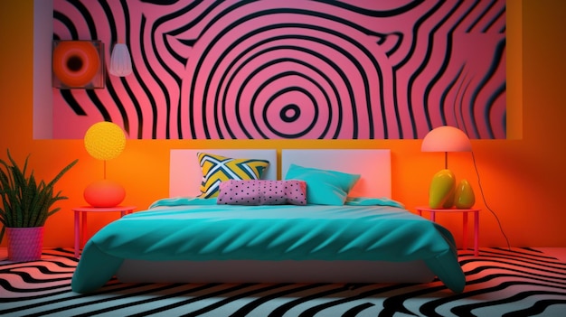 Photo a colorful bedroom with zebra print walls and a bed ai