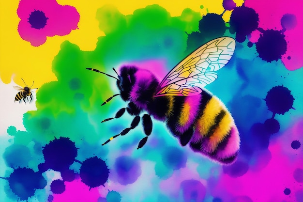 A colorful bee with a yellow and purple wings is on a colorful background