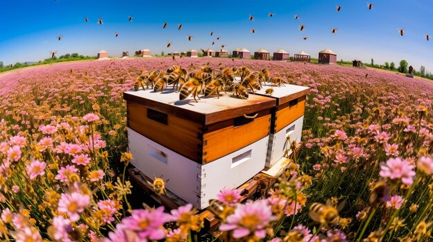 Colorful beehives stand in a field of mustard just starting to bloom on a farm in oregon