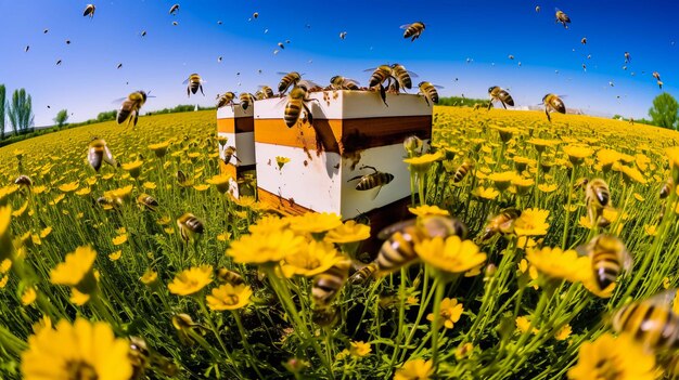 Colorful beehives stand in a field of mustard just starting to bloom on a farm in oregon