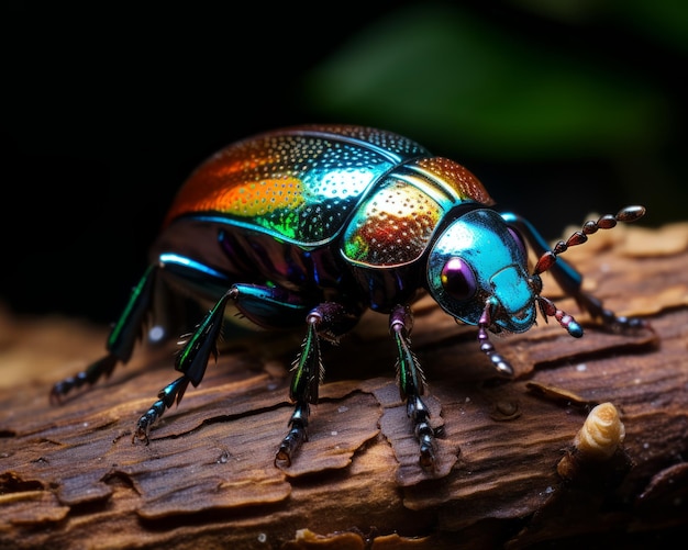 a colorful beetle sitting on top of a piece of wood