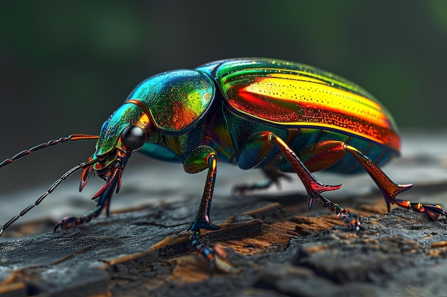 A colorful beetle walking through rocky ground