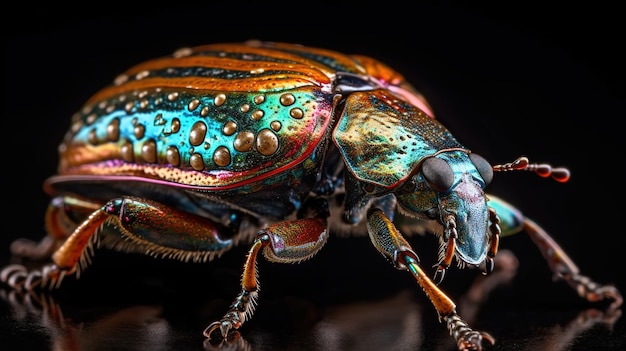 A colorful beetle with a black background