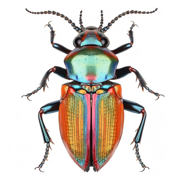 A colorful beetle with a white background and a black and gold stripe.