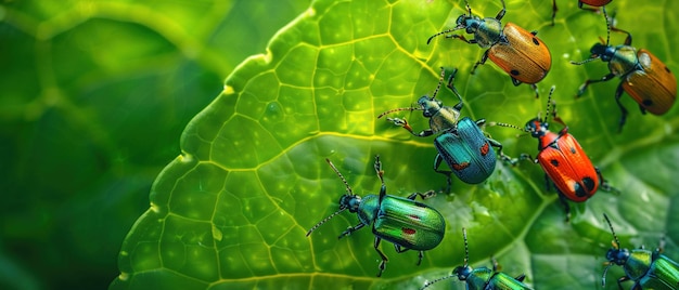 Colorful beetles on a lush green leaf bright sunlight