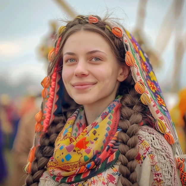 Photo colorful belarusian maslenitsa festival woman with braids and scarf