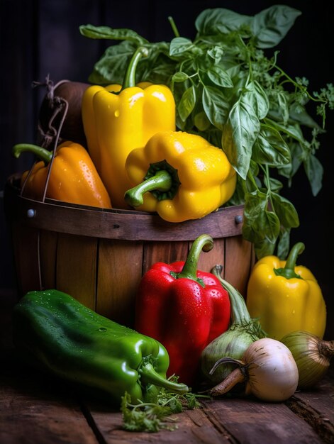 Colorful bell peppers herbs and onion generated by AI