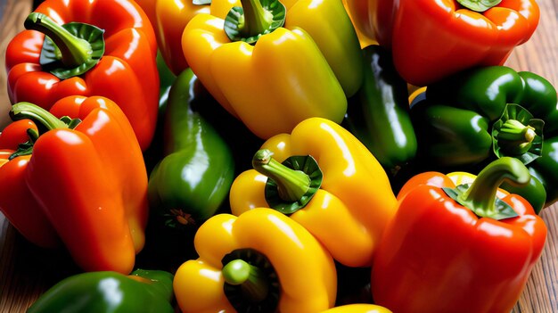 Colorful bell peppers on a wooden table shallow depth of field