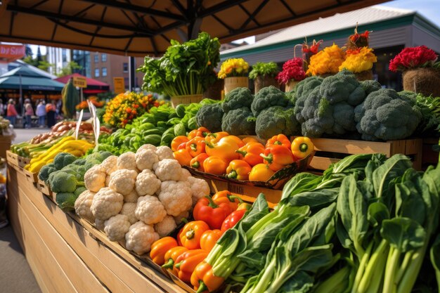 Photo colorful bell peppers and zucchini at farmers market in summer a bustling farmers market with vibrant fresh produce and handmade products ai generated