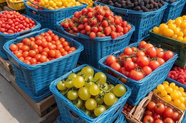 Colorful Berries and Tomatoes in Market Baskets