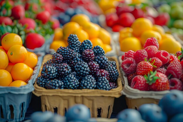 Colorful Berries and Tomatoes in Market Baskets