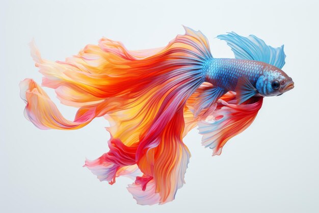 A colorful betta fish in a graceful swim in front of a minimalist white backdrop