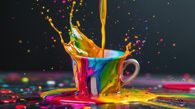 Colorful beverage spills from a cup forming an artistic puddle on the surface