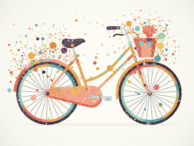 A colorful bicycle with a basket of flowers on it.