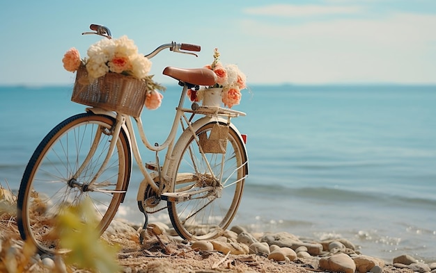 A colorful bicycle with a basket full of vibrant flowers against a beautiful beach backdrop AI