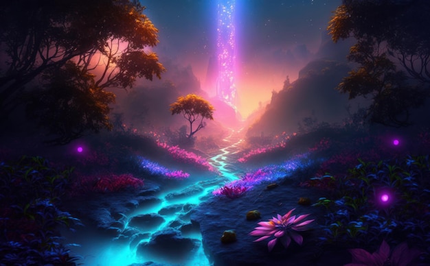 Colorful bioluminescence plants in the forest Beautiful illustration picture Generative AI