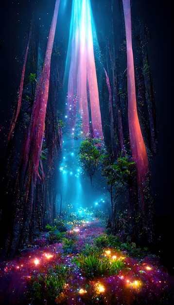 Colorful bioluminescence plants in forest crystals image generative AI