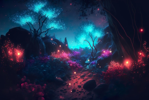 Colorful bioluminescence plants in forest generative ai