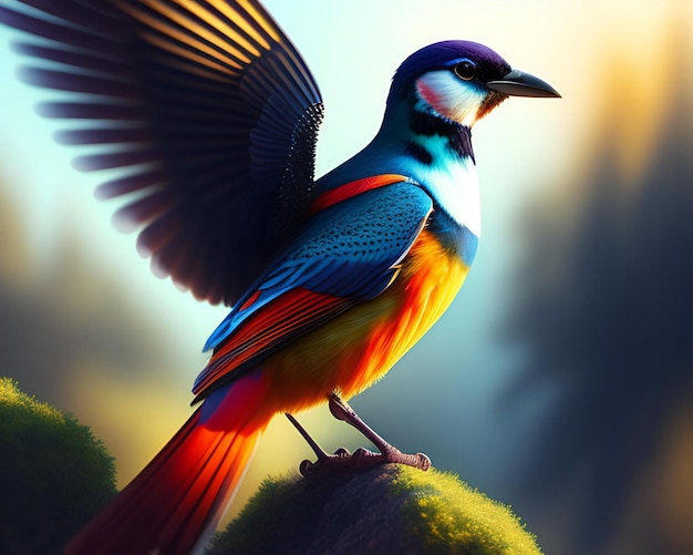 自然の背景にあるカラフルな鳥 3Dイラスト